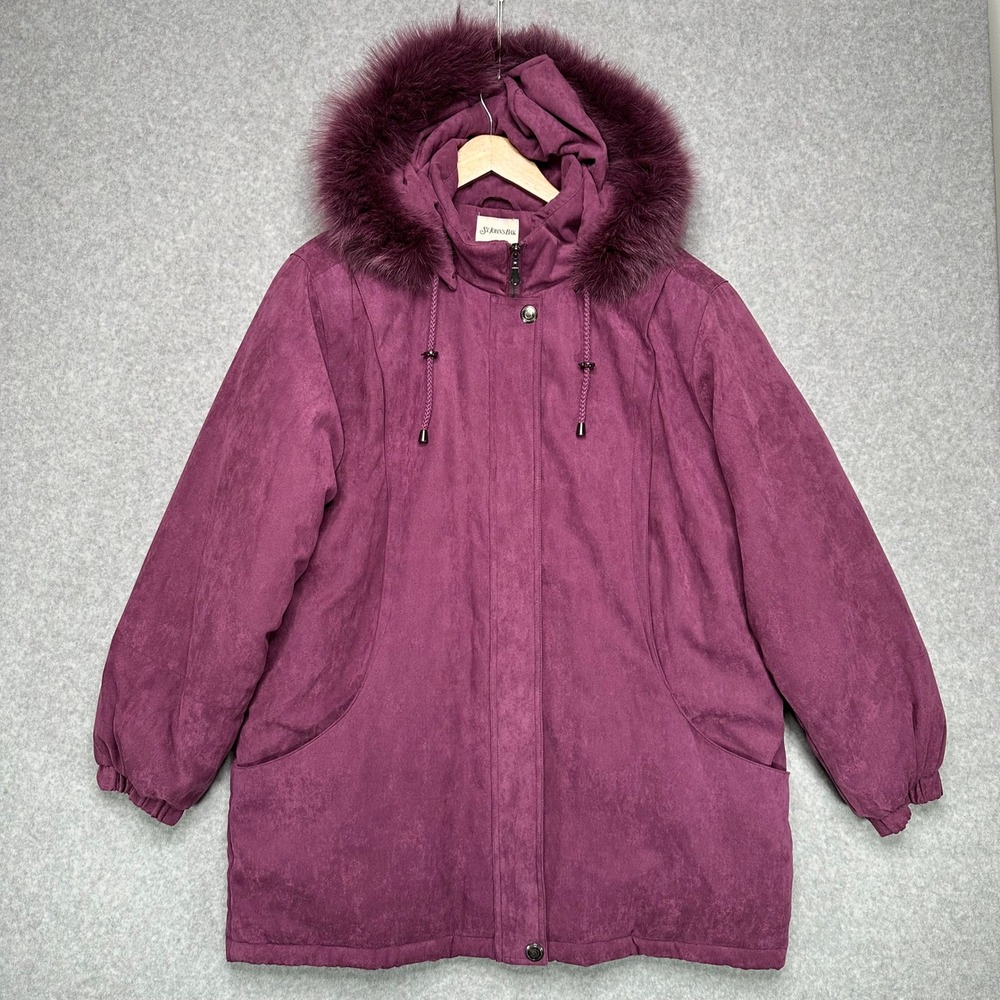 VTG 90s St Johns Bay Women 1X Winter Coat Real Fox Fur Hood Thermolite Plus Plum